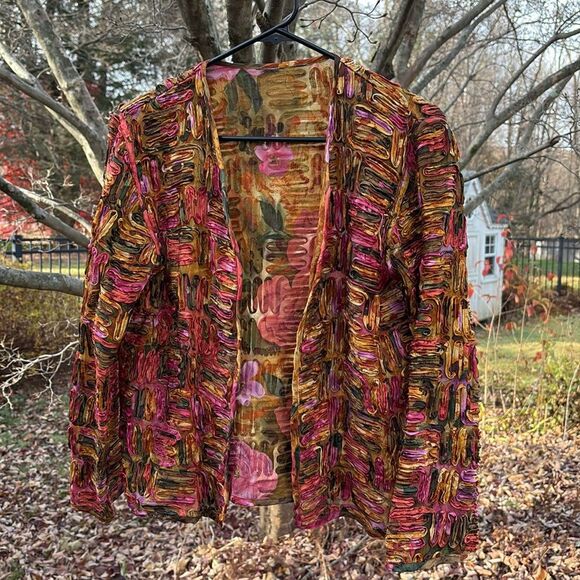 Chico’s open front abstract, floral silk jacket - Picture 1 of 4